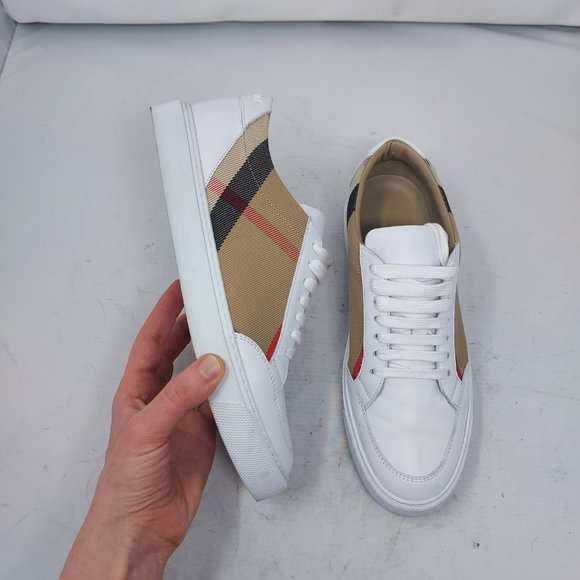 Burberry Shoes - BURBERRY Leather White Check Pattern Sneakers